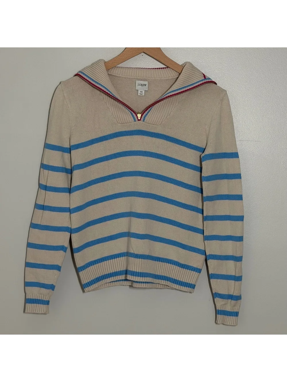 J Crew Womens XS Striped Quarter Zip Sweater Cotton Blue Cream Nautical Preppy